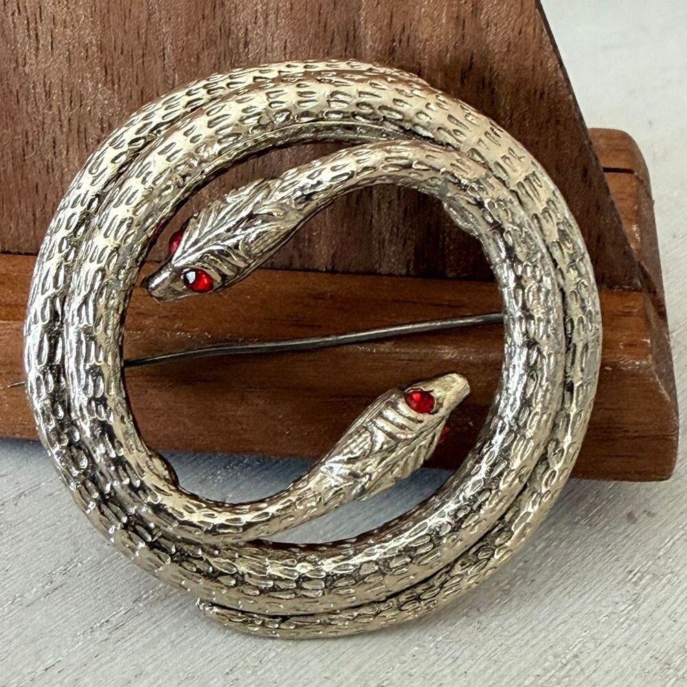 Vintage Silver Tone Double Snake Serpent Brooch Red Rhinestone Eyes